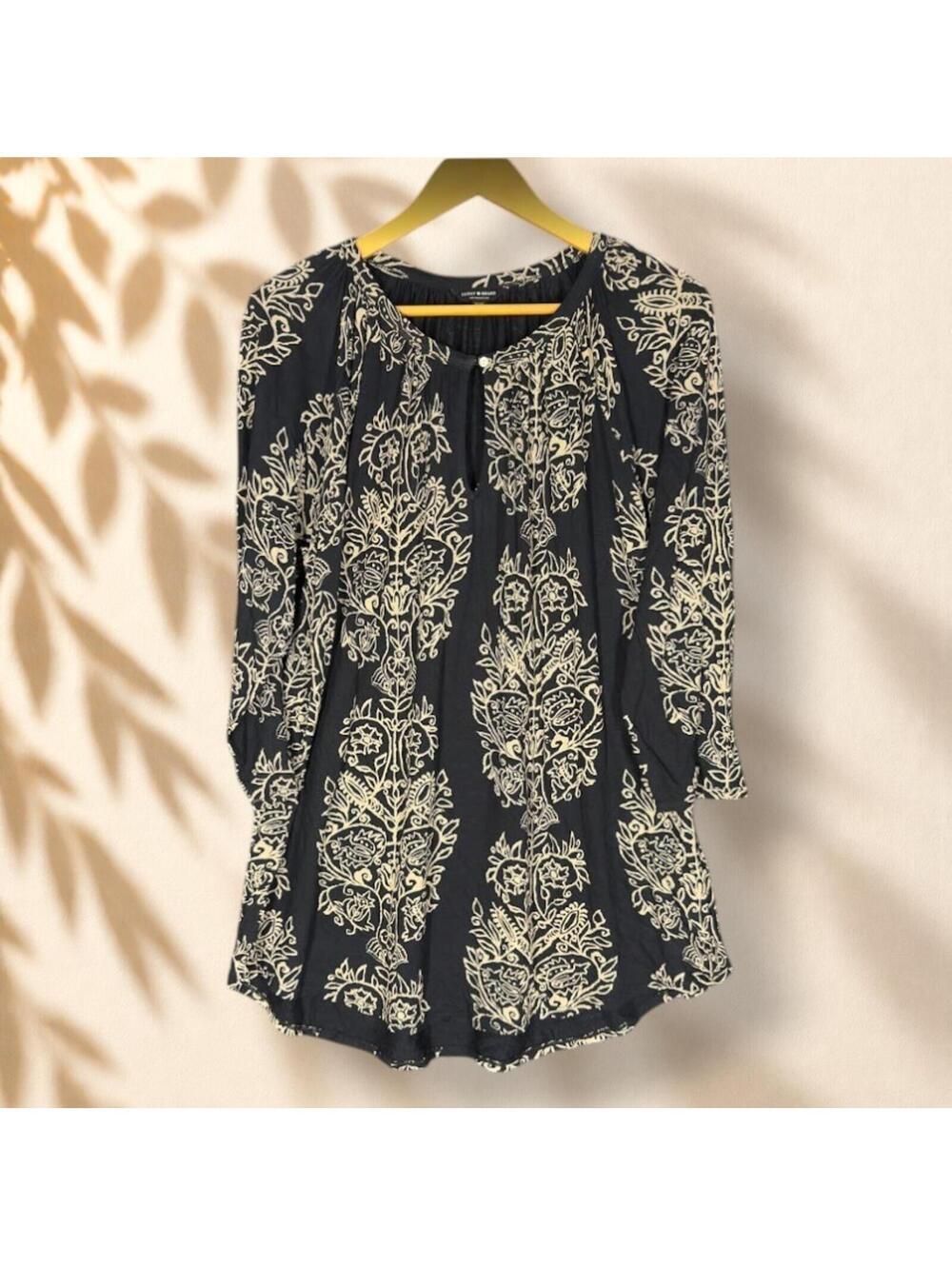 Lucky Brand Blouse Women 1X Plus Black Geometric 3/4 Sleeve Round Neck Casual